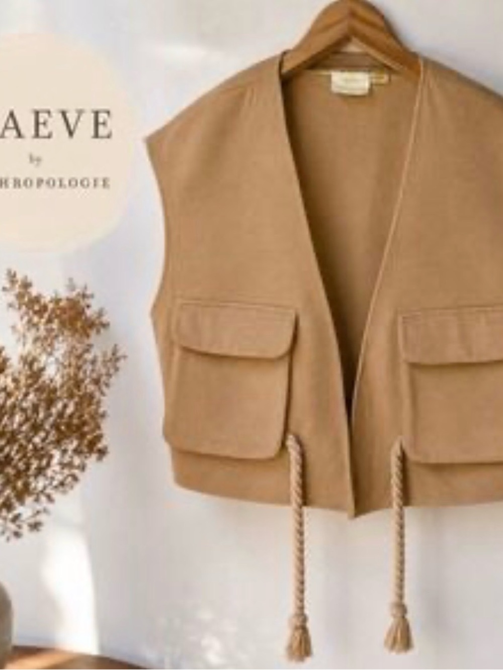 Anthropologie Camel Tan Utility Vest with Braided Ties
